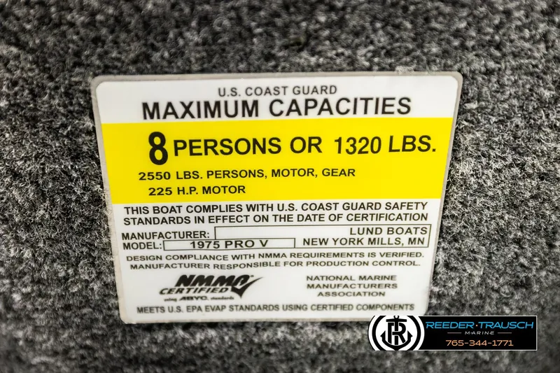 Slide: The Image of 2026 Lund 1975 Pro-V Sport capacity label: 8 persons, 1320 lbs, 225 HP motor. - 66