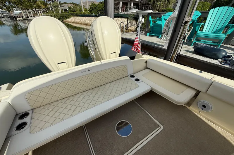 Slide: The Image of 2020 Chris-Craft Catalina 34 boat interior with seating and outboard motors. - 26