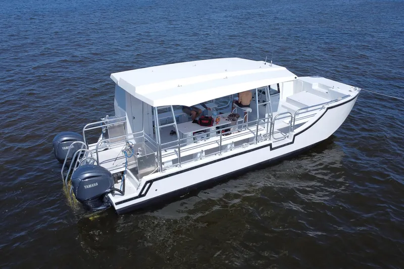 The Image of 2026 Custom Passenger Catamaran BYD34 on water, featuring dual Yamaha engines. - 0