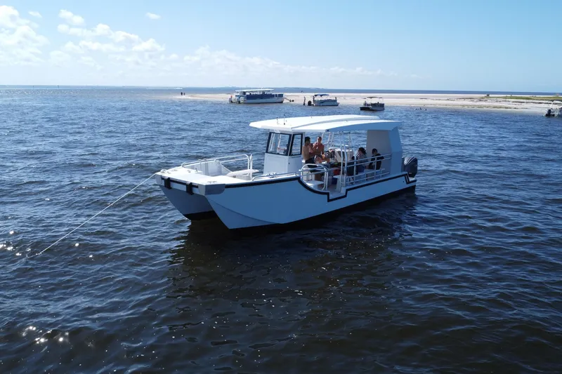 Slide: The Image of Custom Passenger Catamaran BYD34 (2026) sailing near a sandy beach under a clear sky. - 1