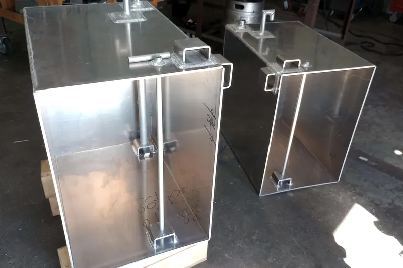 Slide: The Image of Aluminum fuel tanks for 2026 Custom Passenger Catamaran BYD34, displayed in workshop. - 8