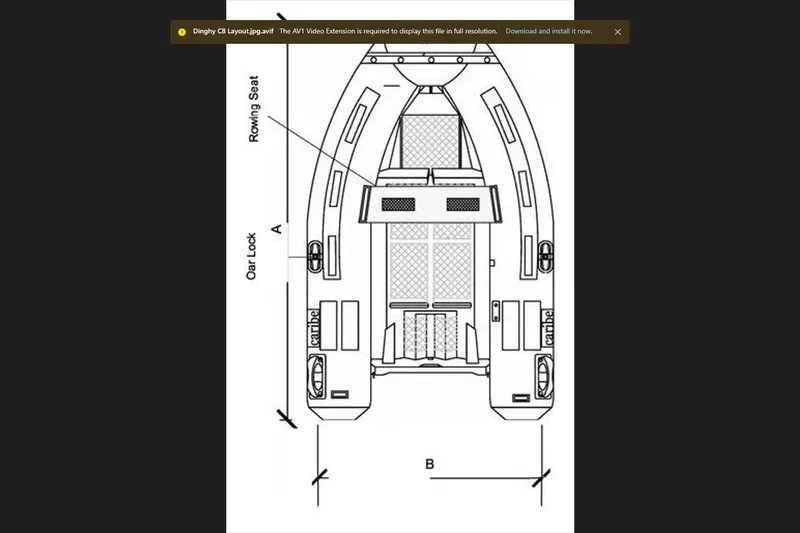 Slide: The Image of Diagram of a 2005 Caribe C9 inflatable boat layout with labeled features. - 5