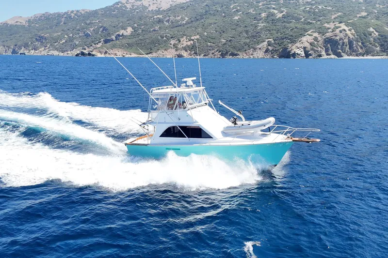 Slide: The Image of 1986 Ocean 38 Super Sport yacht cruising on blue ocean near rocky coastline. - 41