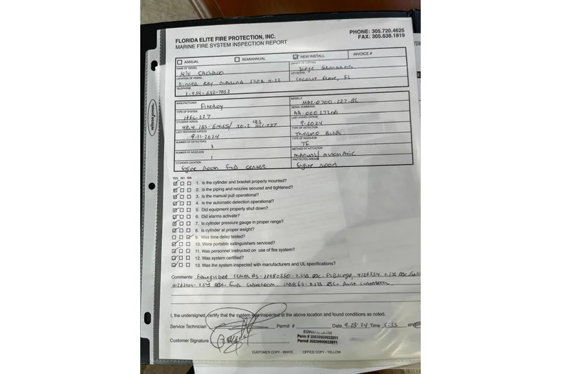 Slide: The Image of Inspection report for marine fire system, Silverton 34 Convertible, 2005, detailed checklist and comments. - 18