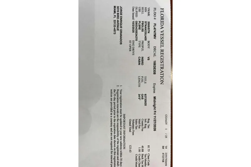 Slide: The Image of Florida vessel registration document for a 2005 Silverton 34 Convertible boat. - 20