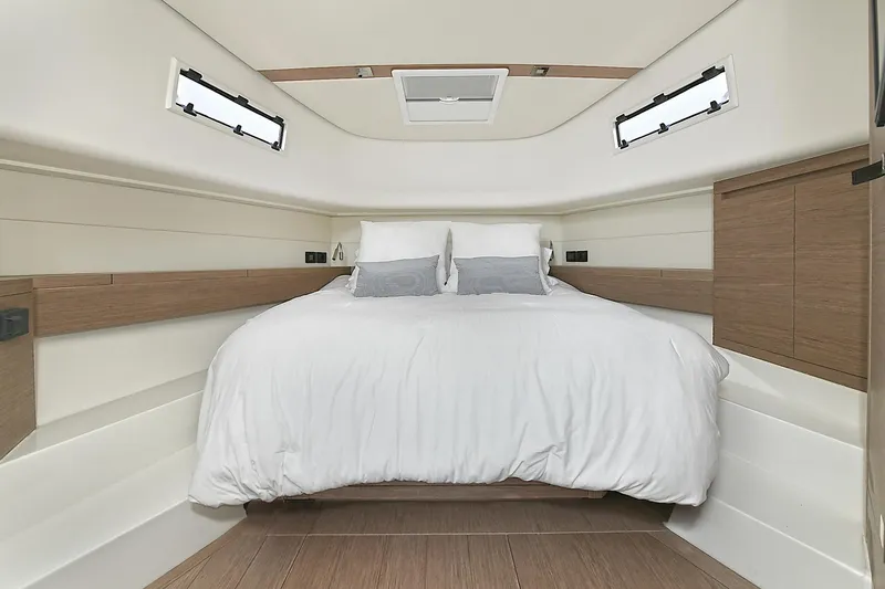Slide: The Image of Luxurious cabin interior of 2023 Pardo Yachts 43, featuring a cozy bed and modern design. - 30
