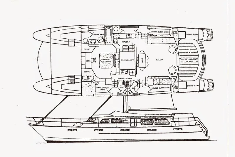 Slide: The Image of Blueprint of a 1985 Custom Model 60 yacht, featuring detailed interior layout. - 3