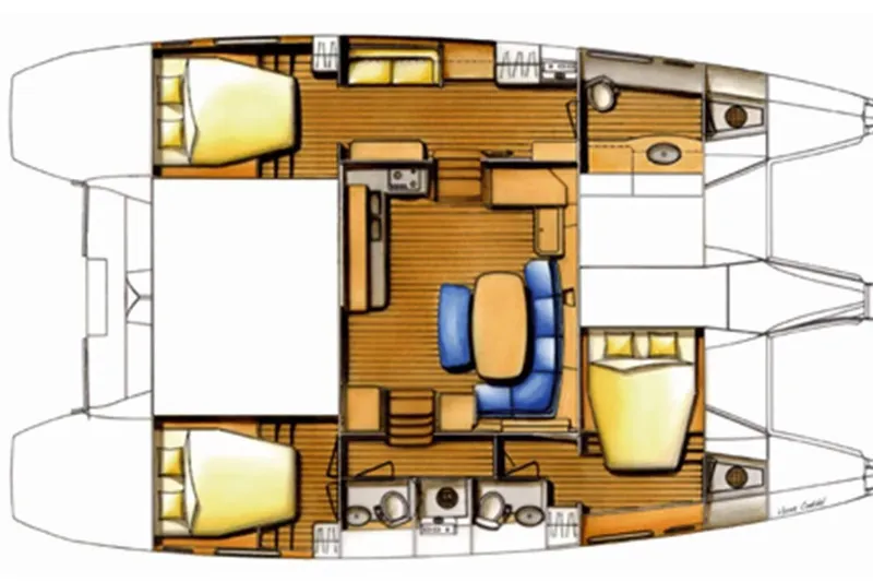 Slide: The Image of Floor plan of a 2008 Lagoon 420 catamaran, featuring cabins and living area. - 4