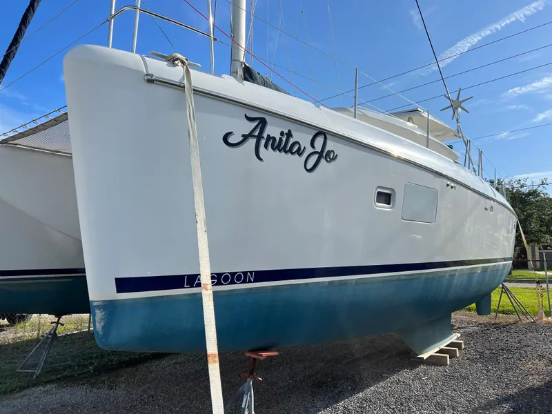 Slide: The Image of 2008 Lagoon 420 catamaran Anita Jo on dry dock. - 7