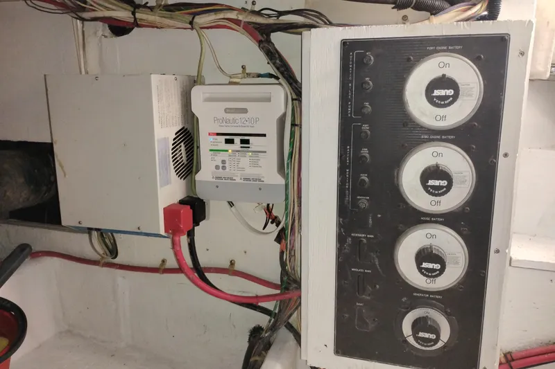 Slide: The Image of Electrical panel and wiring inside a 2000 Bayliner 3988 Command Bridge Motoryacht. - 63