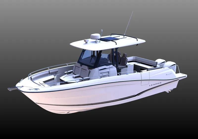 Slide: The Image of 2024 Jeanneau Leader 10.5CC boat, sleek design, white hull, modern features, side view. - 11