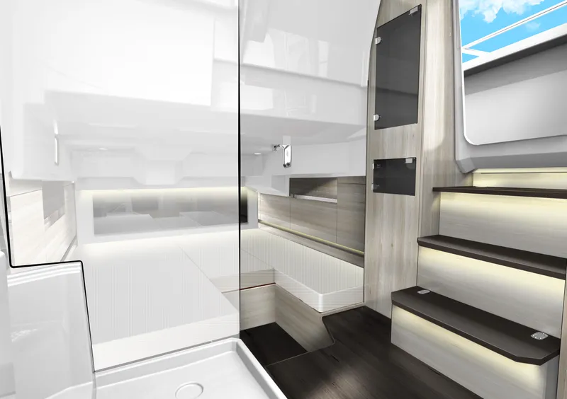 Slide: The Image of 2024 Jeanneau Leader 10.5CC interior with modern design, featuring sleek stairs and ambient lighting. - 14