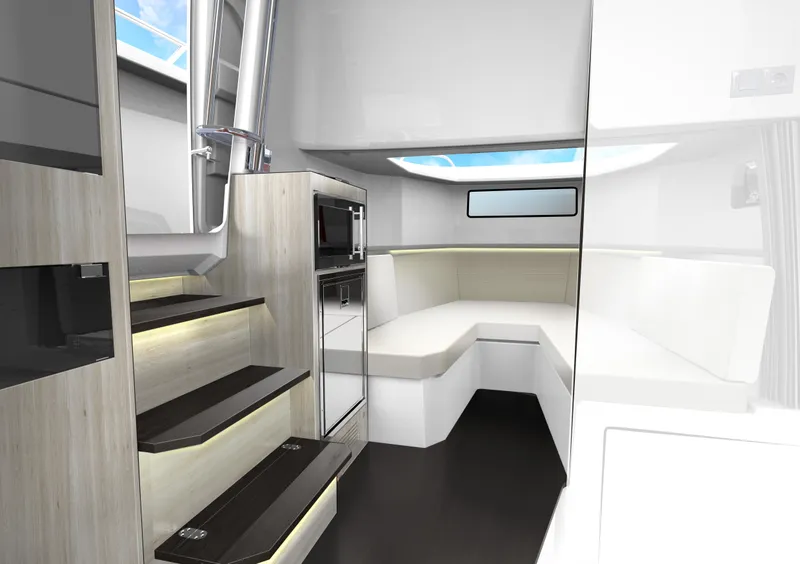 Slide: The Image of 2024 Jeanneau Leader 10.5CC interior with modern seating and kitchenette. - 15