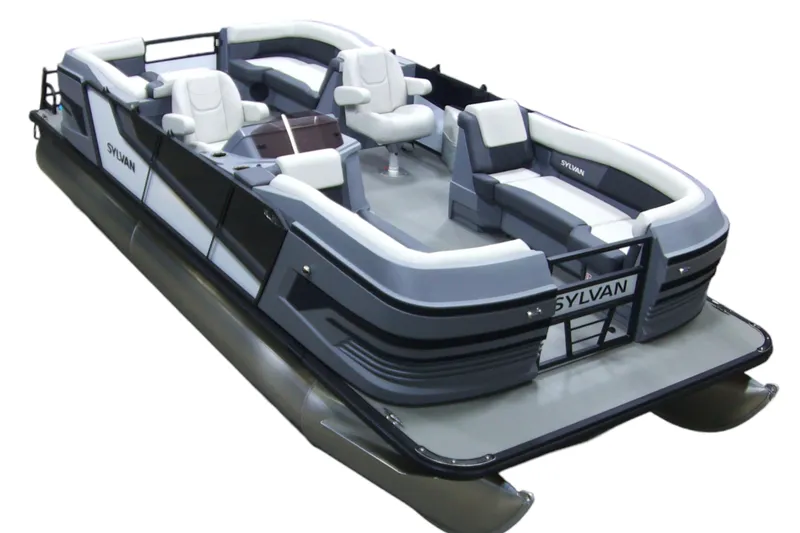 Slide: The Image of 2026 Sylvan R-22 LZ DH pontoon boat with modern seating and sleek design. - 4