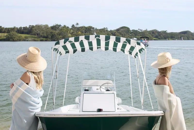 Slide: The Image of 2026 Palm Yachts 17 boat with striped canopy on a serene lake. - 3