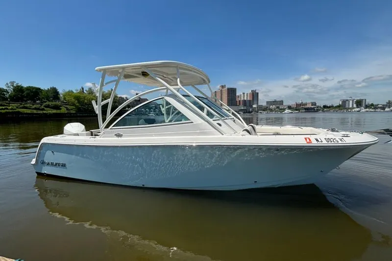 Slide: The Image of 2025 Sailfish 245 DC boat on calm water with cityscape background. - 2
