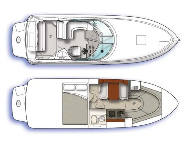 Slide: The Image of 2007 Sea Ray 280 Sundancer boat layout, top and side views, showing interior and deck design. - 18