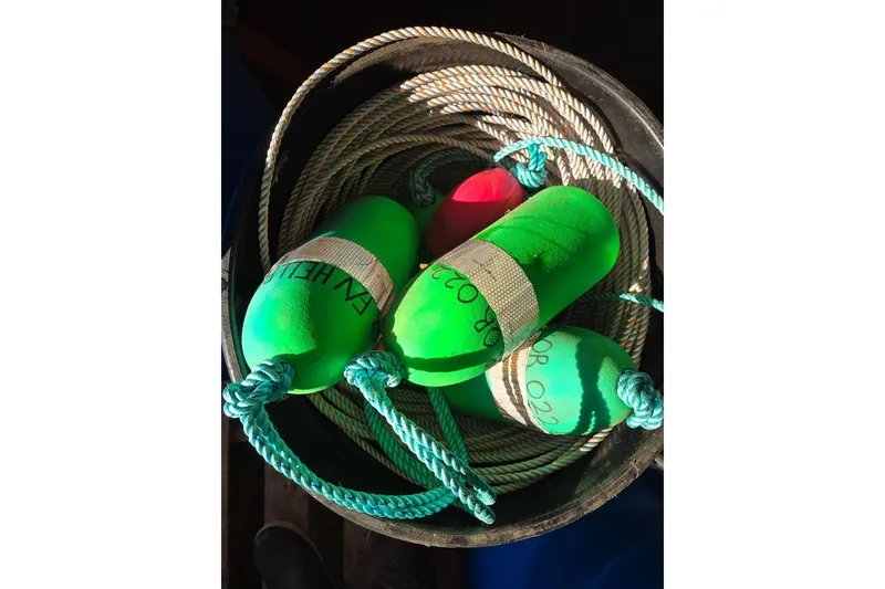 Slide: The Image of Colorful buoys and ropes in a bucket on a 2021 KingFisher 2825 Coastal Express. - 62