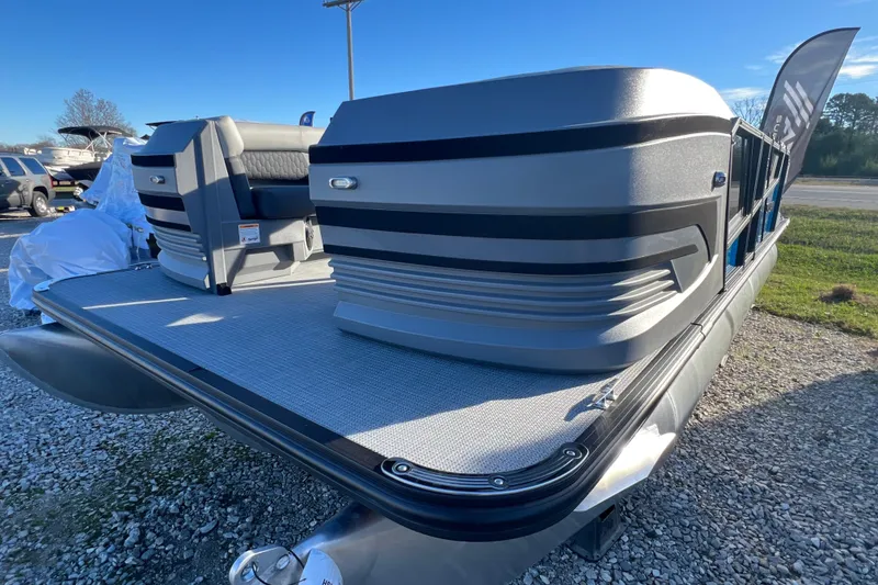 Slide: The Image of 2026 Sylvan R22 Rear Partyfish pontoon boat with sleek seating and modern design. - 2