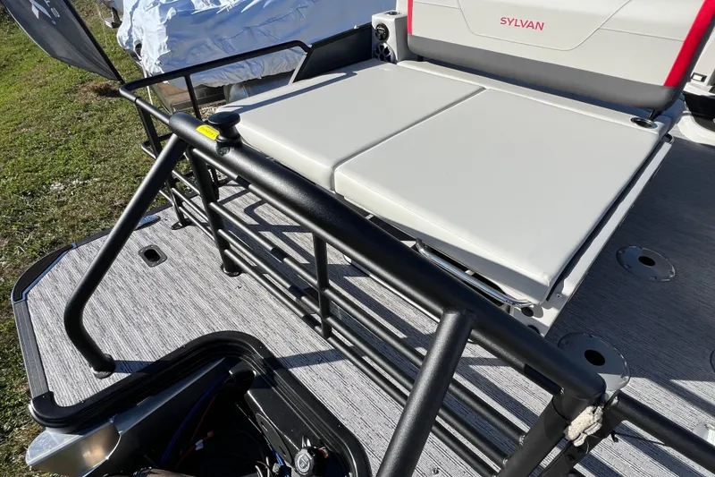Slide: The Image of 2026 Sylvan X3 DLZ Bar boat with sleek seating and sturdy railing design. - 6