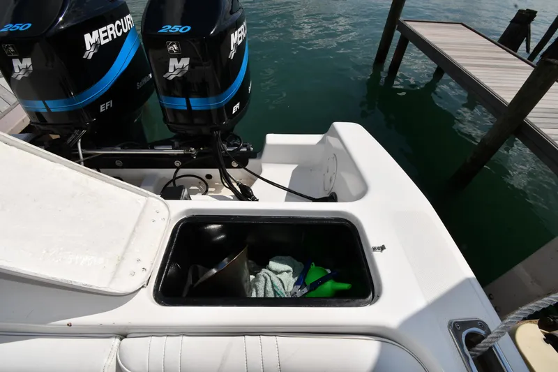 Slide: The Image of 2000 Fountain 31 Tournament Edition boat with Mercury 250 engines at dock. - 36