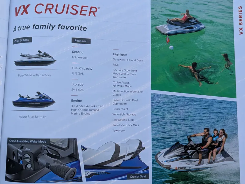 Slide: The Image of 2019 Yamaha WaveRunner VX Cruiser brochure showcasing features, color options, and family-friendly design. - 3