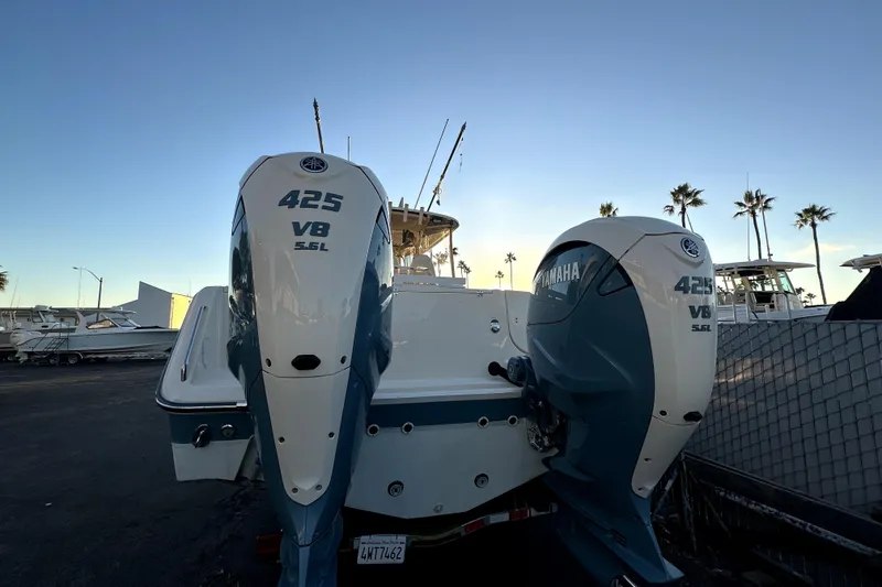 Slide: The Image of 2019 Grady-White Canyon 336 with twin Yamaha 425 V8 engines at sunset. - 8