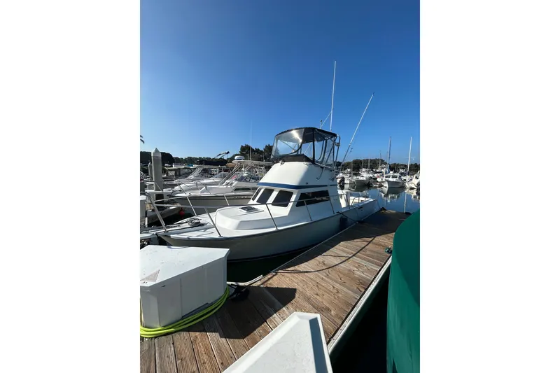 Slide: The Image of 1998 Blackman Billfisher 26 boat docked at marina under clear blue sky. - 4