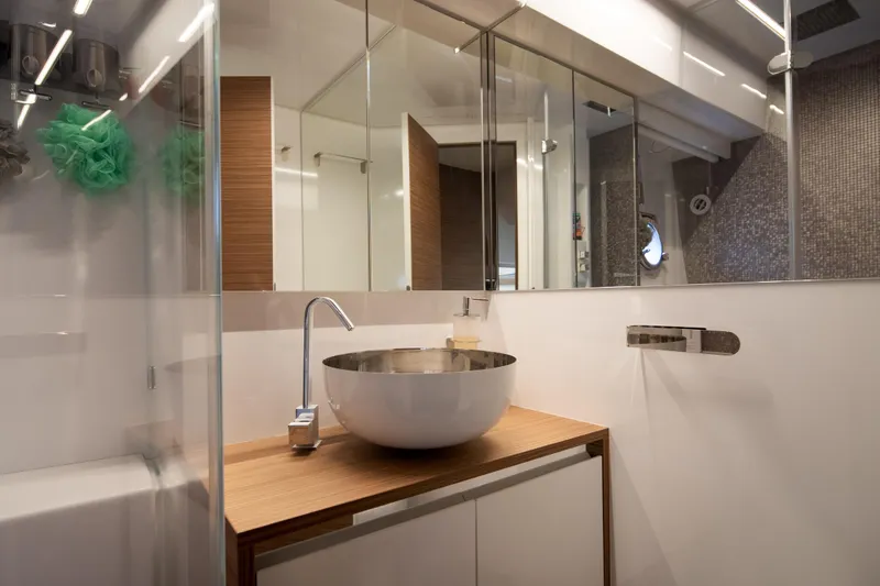 Slide: The Image of Luxurious bathroom interior of 2018 Ferretti Yachts 450 fly, featuring modern sink and fixtures. - 23