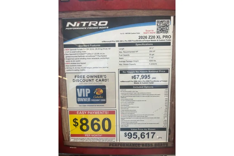 Slide: The Image of 2026 Nitro Z20 XL Pro fishing boat specifications and pricing details displayed on a promotional poster. - 4