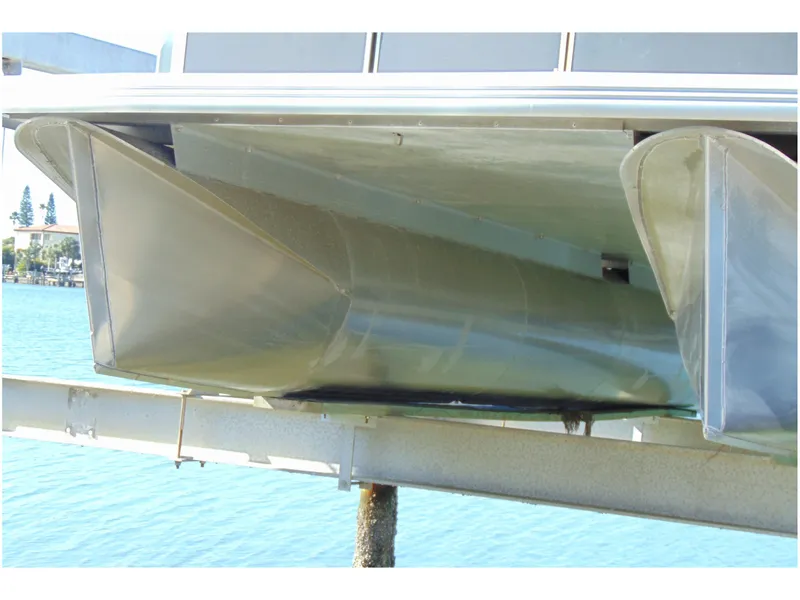 Slide: The Image of 2017 Fiesta 22 Beachcomber pontoon boat underside view on lift by water. - 11