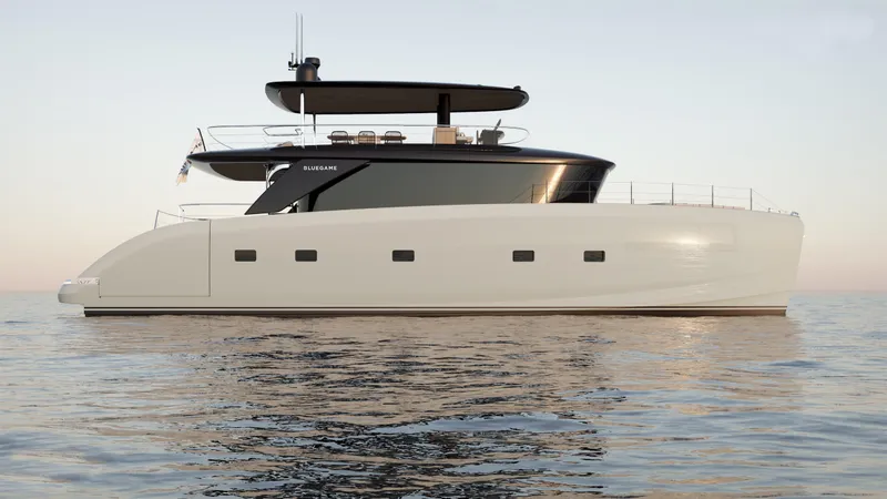 Slide: The Image of 2025 Bluegame BGM75 yacht on calm water at sunset. - 0