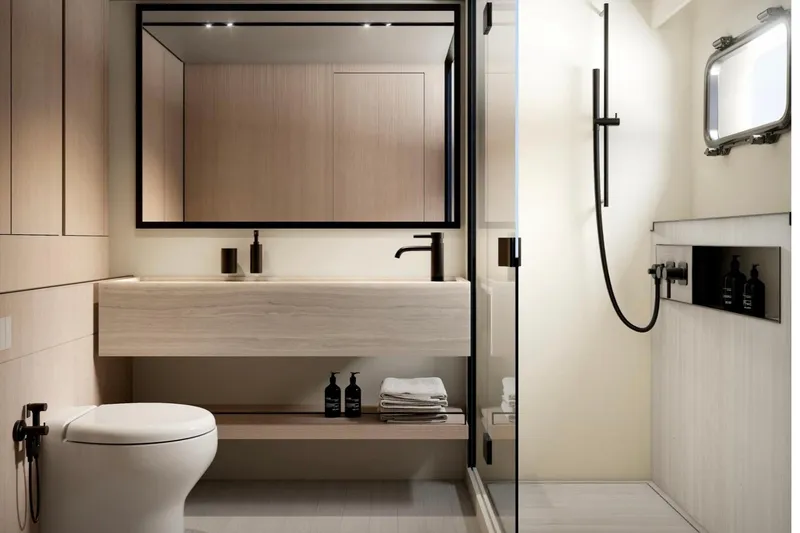 Slide: The Image of Modern bathroom interior on Bluegame BGM75 yacht, featuring sleek fixtures and minimalist design, 2025 model. - 15