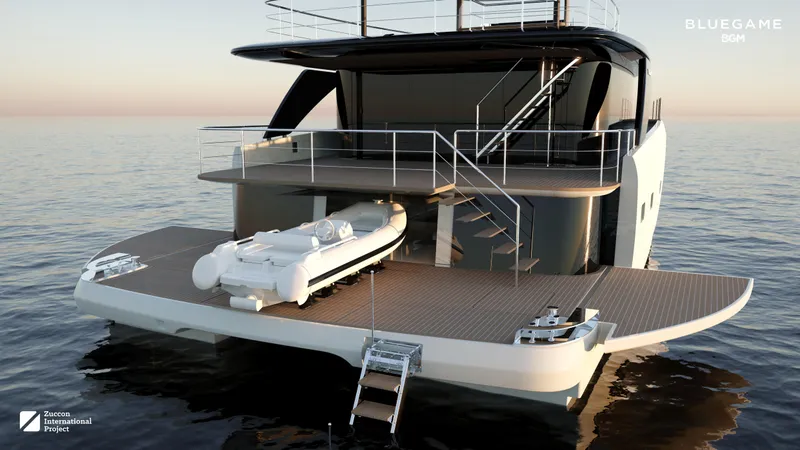 Slide: The Image of 2025 Bluegame BGM75 yacht with tender on deck, sleek design, ocean backdrop. - 7