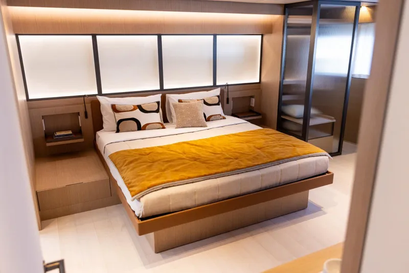 Slide: The Image of Luxurious bedroom interior of 2025 Bluegame BGM75 yacht with modern design elements. - 17
