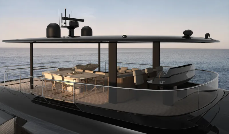 Slide: The Image of Aerial view of 2025 Bluegame BGM75 yacht cruising on open water. - 2