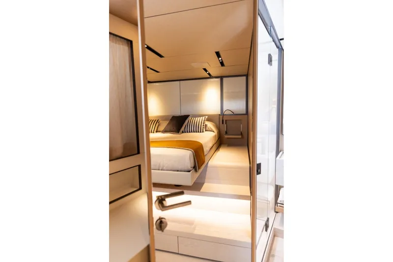 Slide: The Image of Luxurious interior of 2025 Bluegame BGM75 yacht bedroom with modern design. - 20