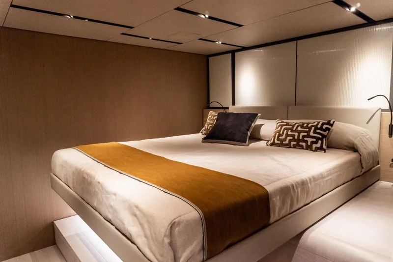Slide: The Image of Luxurious bedroom interior of 2025 Bluegame BGM75 yacht with modern design elements. - 21