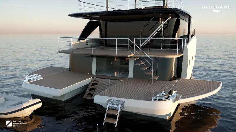Slide: The Image of 2025 Bluegame BGM75 yacht on calm sea, showcasing sleek design and spacious deck. - 24