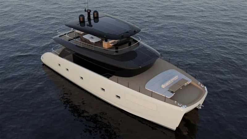 Slide: The Image of 2025 Bluegame BGM75 yacht on calm sea, showcasing sleek design and modern architecture. - 3