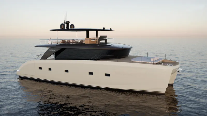 Slide: The Image of 2025 Bluegame BGM75 yacht on calm sea, rear view showcasing modern design. - 4