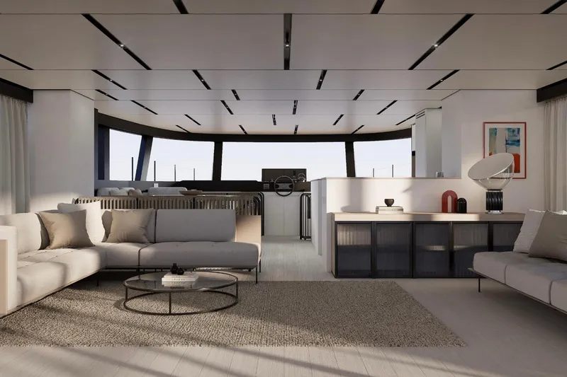 Slide: The Image of Luxurious 2025 Bluegame BGM75 yacht deck with elegant seating and waterfront view. - 9