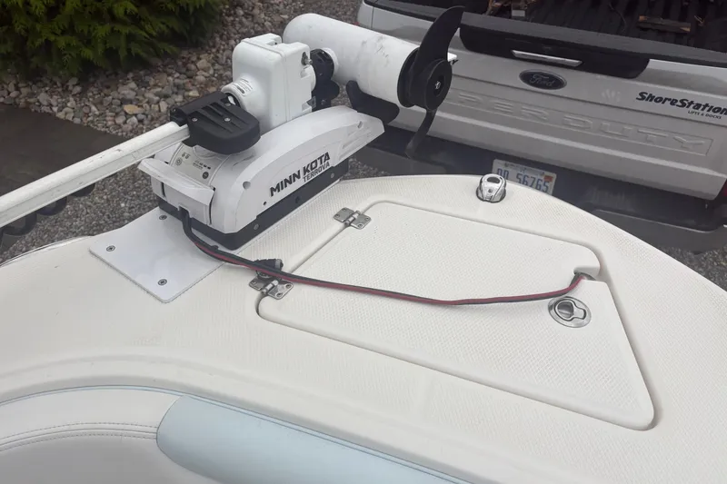 Slide: The Image of 2021 Robalo R202 Explorer with Minn Kota Terrova trolling motor on deck. - 9