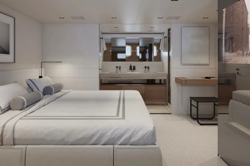 Slide: The Image of Luxurious bedroom interior of 2026 Sanlorenzo SL86A yacht, featuring modern design and elegant furnishings. - 10