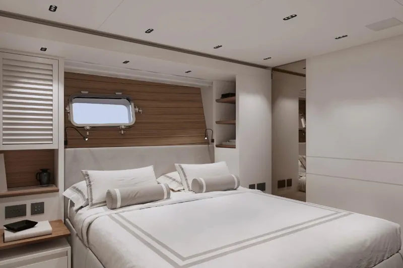 Slide: The Image of Luxurious bedroom interior of 2026 Sanlorenzo SL86A yacht, featuring elegant design and modern amenities. - 11