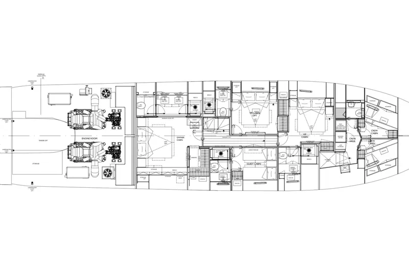 Slide: The Image of Floor plan of 2026 Sanlorenzo SL86A yacht, showcasing detailed cabin and engine room layout. - 14