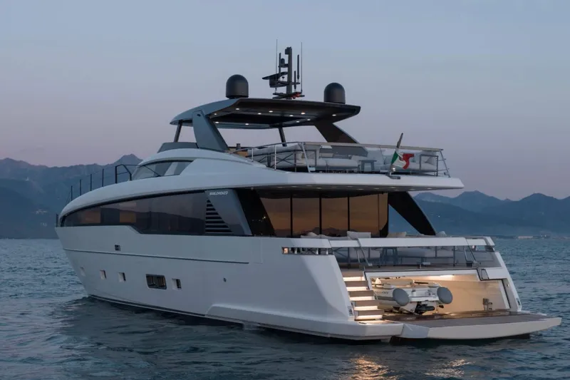 Slide: The Image of Luxury Sanlorenzo SL86A yacht, 2026 model, cruising at sunset with elegant design and modern features. - 4