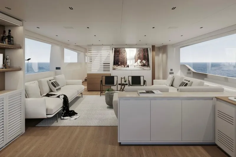 Slide: The Image of Luxurious interior of 2026 Sanlorenzo SL86A yacht with modern furnishings and ocean view. - 5