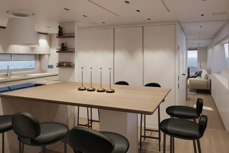 Slide: The Image of Luxurious interior of 2026 Sanlorenzo SL86A yacht with modern dining area and ocean view. - 7