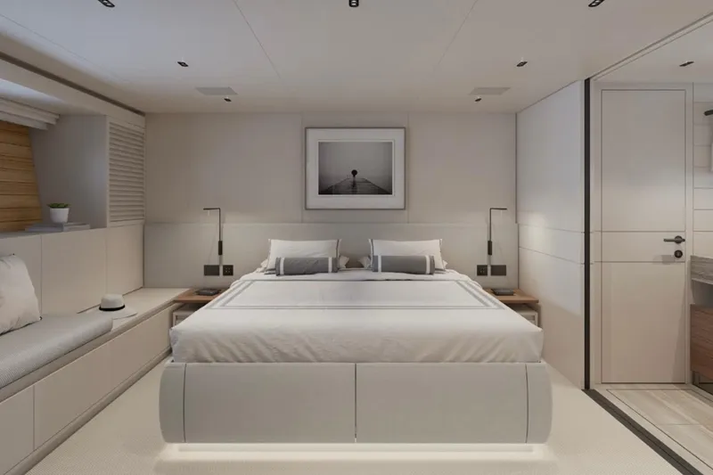 Slide: The Image of Luxurious bedroom interior of 2026 Sanlorenzo SL86A yacht, featuring modern design and elegant decor. - 9